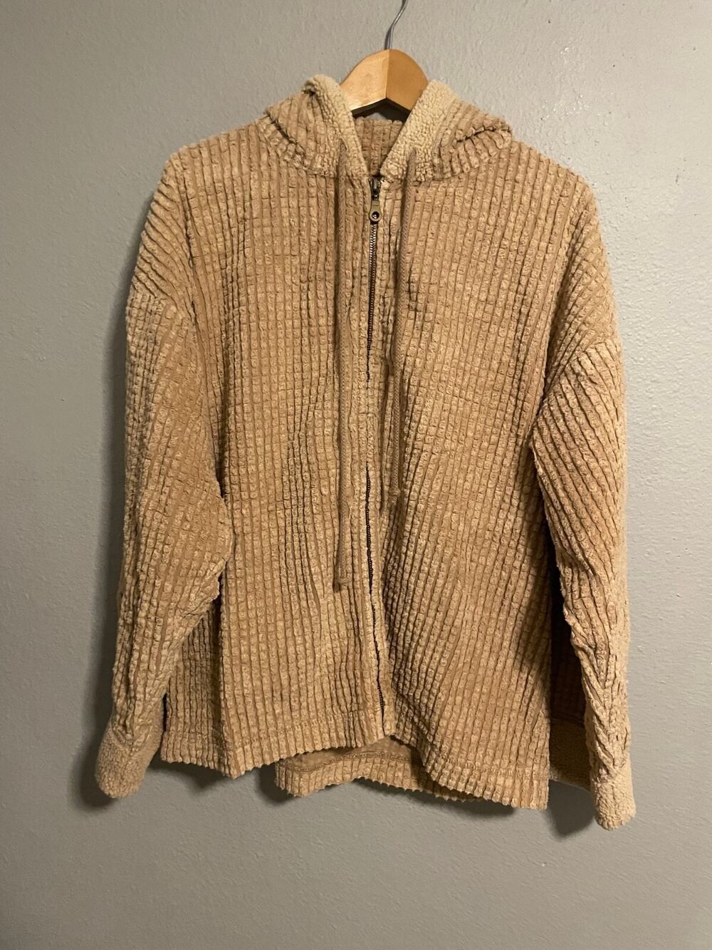 Vintage Womens Hoodie Medium Beige Waffle Knit Sherpa Full Zip Granola Girl 90s